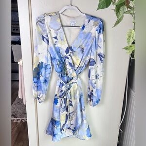 Nicole Miller Blue and White Wrap Floral Long Sleeve Dress